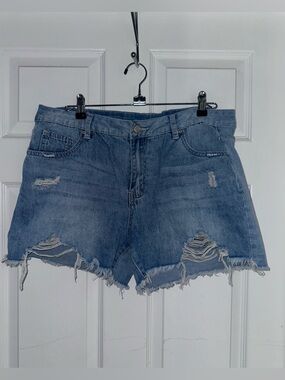 Distressed Mid Rise Denim Shorts - Light Blue